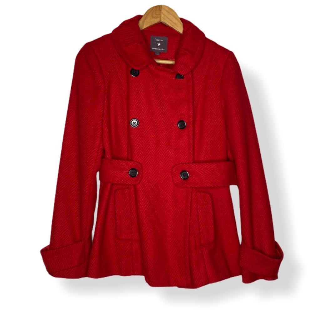 Forever21 F21 Red Double Breasted Belted Pea Coat Medium
